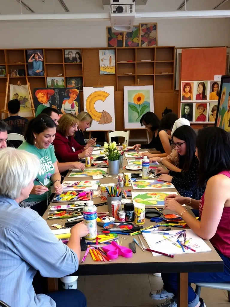 A vibrant photograph capturing a collaborative art workshop in progress, showcasing artists from diverse backgrounds working together on a mixed-media project, reflecting COLLECTIF D'ANSELME's commitment to artistic collaboration.