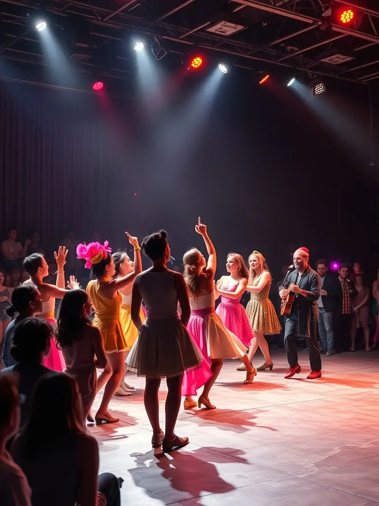 A dynamic image of a live performance featuring dancers and musicians, highlighting the energy and creativity of a COLLECTIF D'ANSELME-supported production, emphasizing the organization's role in promoting performing arts.