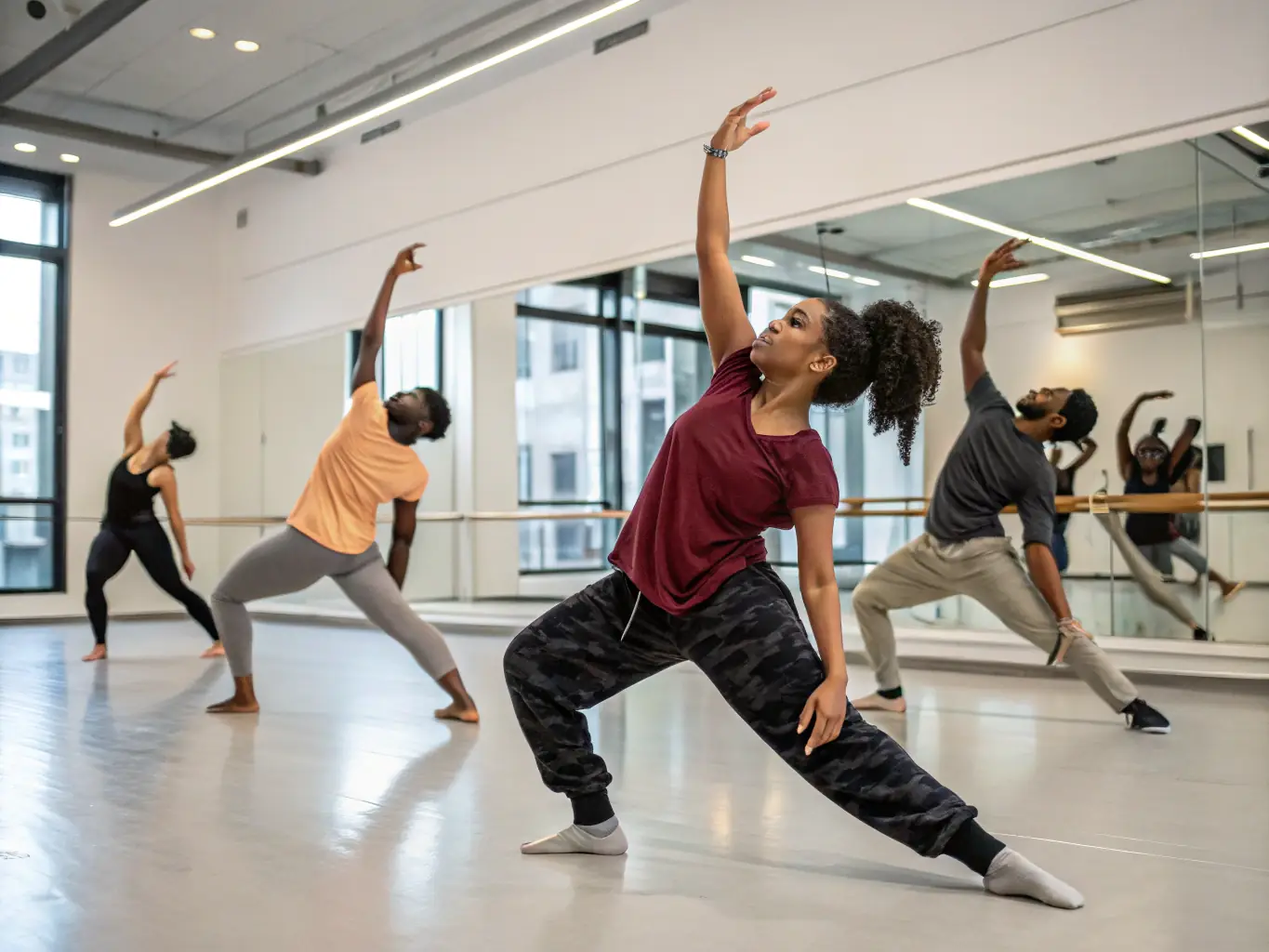 A vibrant photo of a dance workshop in progress, with participants of diverse backgrounds actively engaged in learning and practicing new moves.