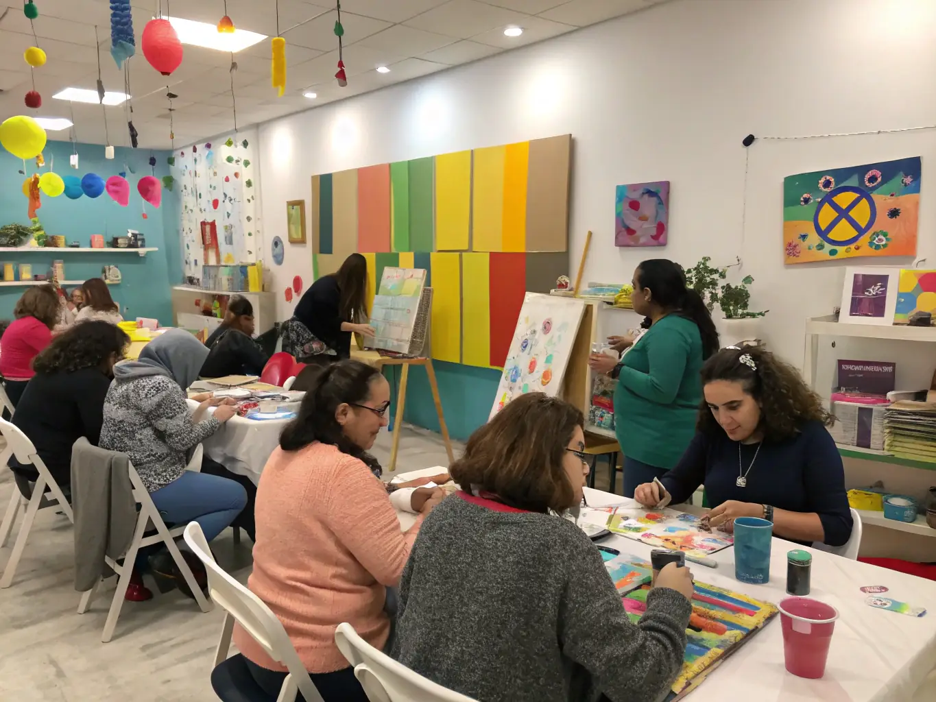 A workshop setting with participants actively engaged in a creative activity, emphasizing the hands-on learning and skill-building opportunities offered by COLLECTIF D'ANSELME.