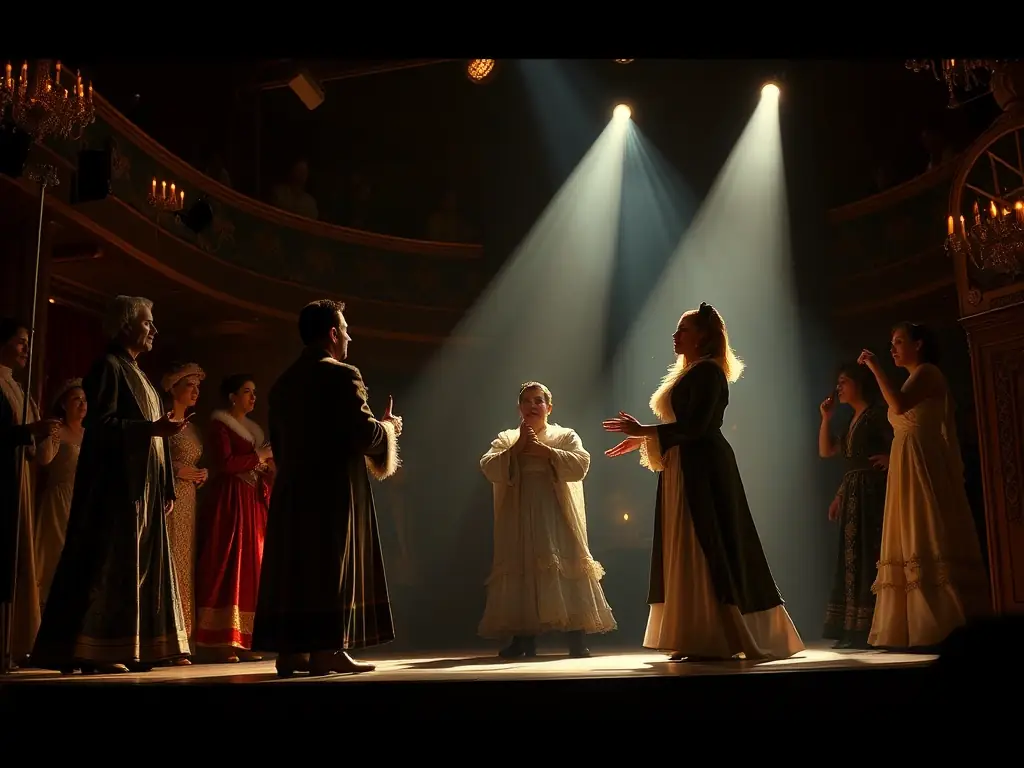 A dynamic stage performance with actors in costume, highlighting the excitement and cultural enrichment provided by COLLECTIF D'ANSELME's events.