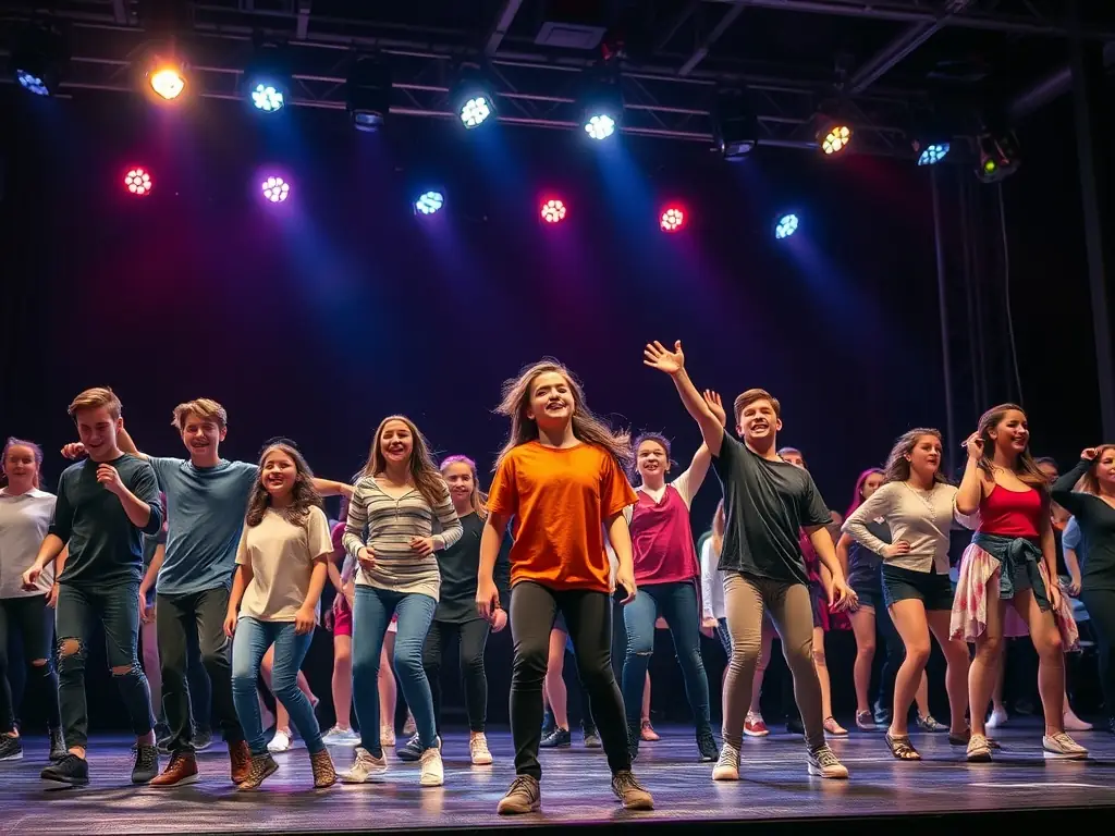 An image of artists collaborating on a stage during a rehearsal, showcasing teamwork and creative synergy.