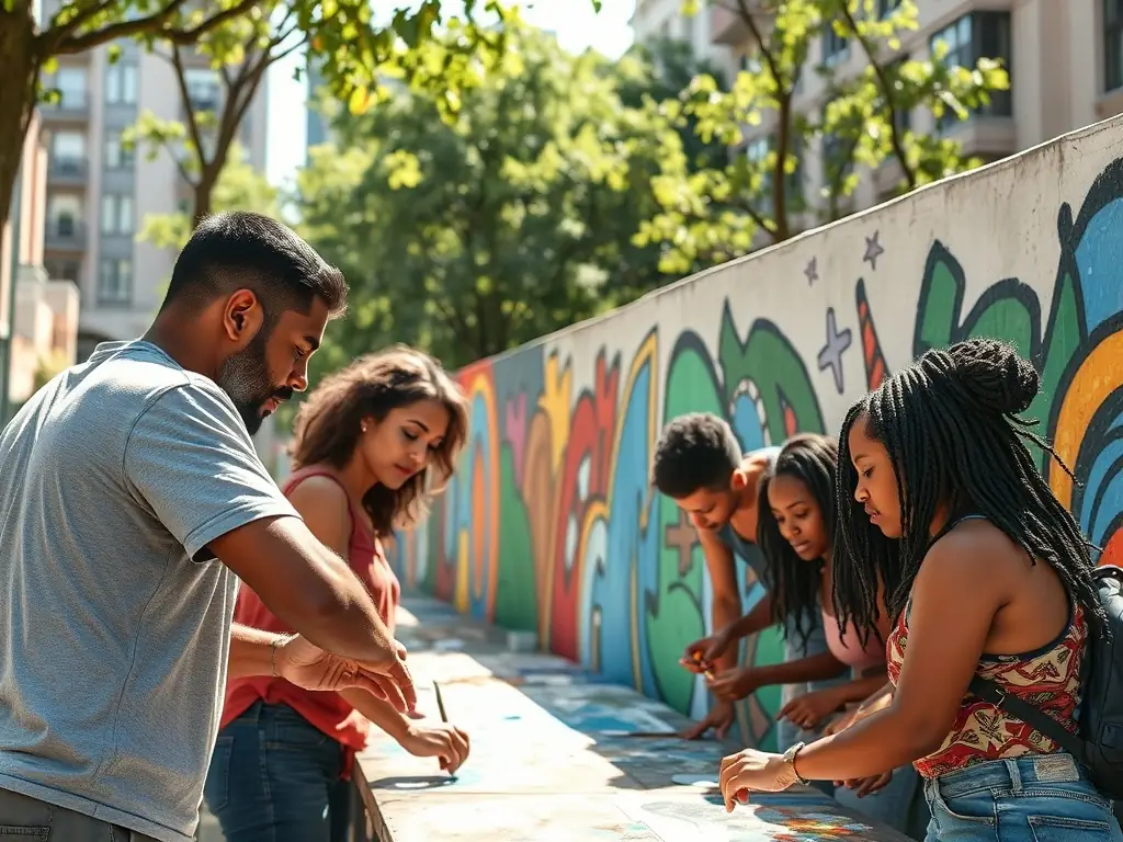 A group of diverse artists collaborating on a vibrant mural, showcasing the spirit of artistic collaboration and community engagement.